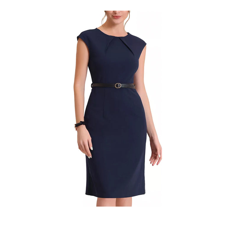 Women's Elegant Business Round Neck Belted Cap Sleeve Work Sheath Dresses