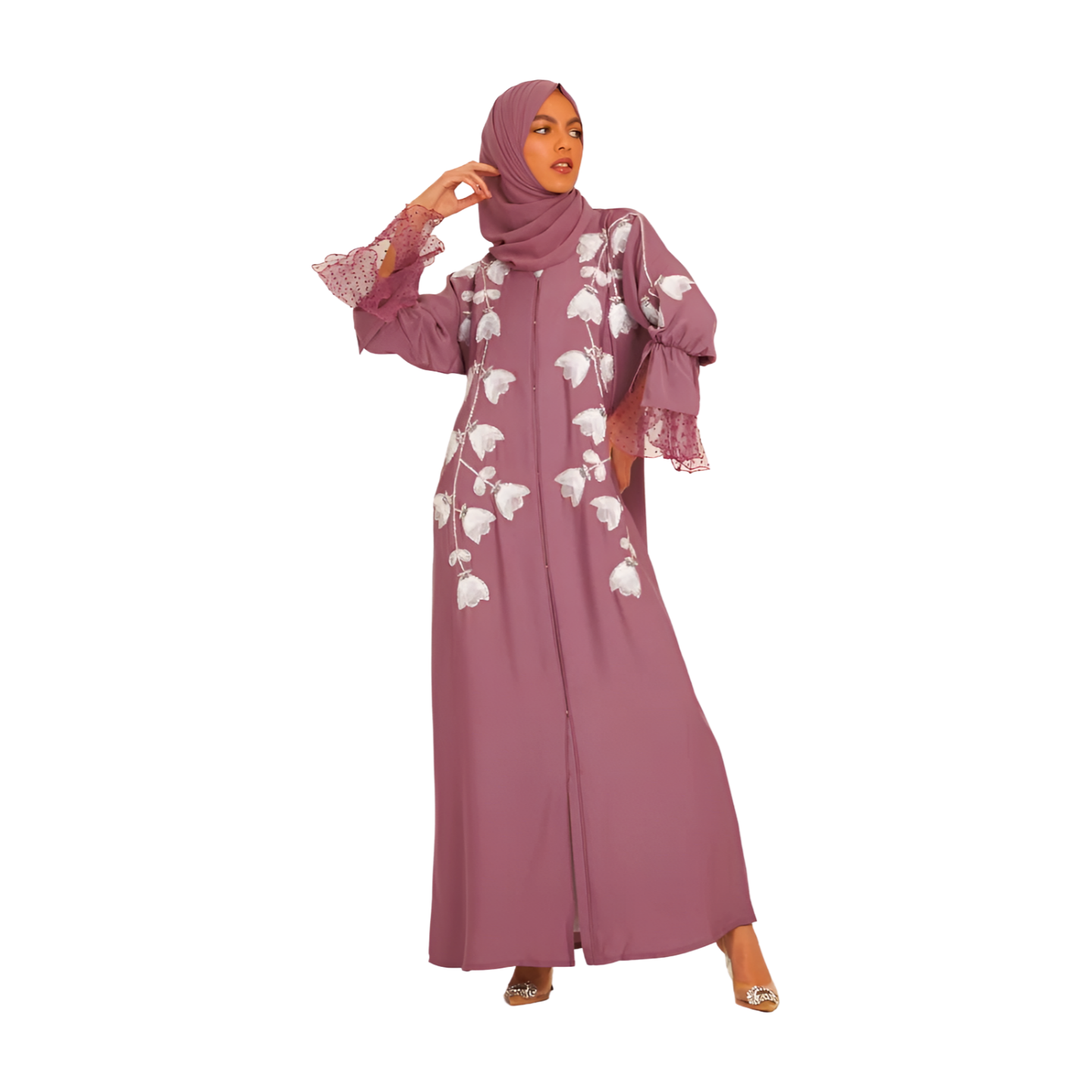 LUXURY BLOOMING CUFF OPEN ABAYA WITH ORGANZA FLORAL DETAILING