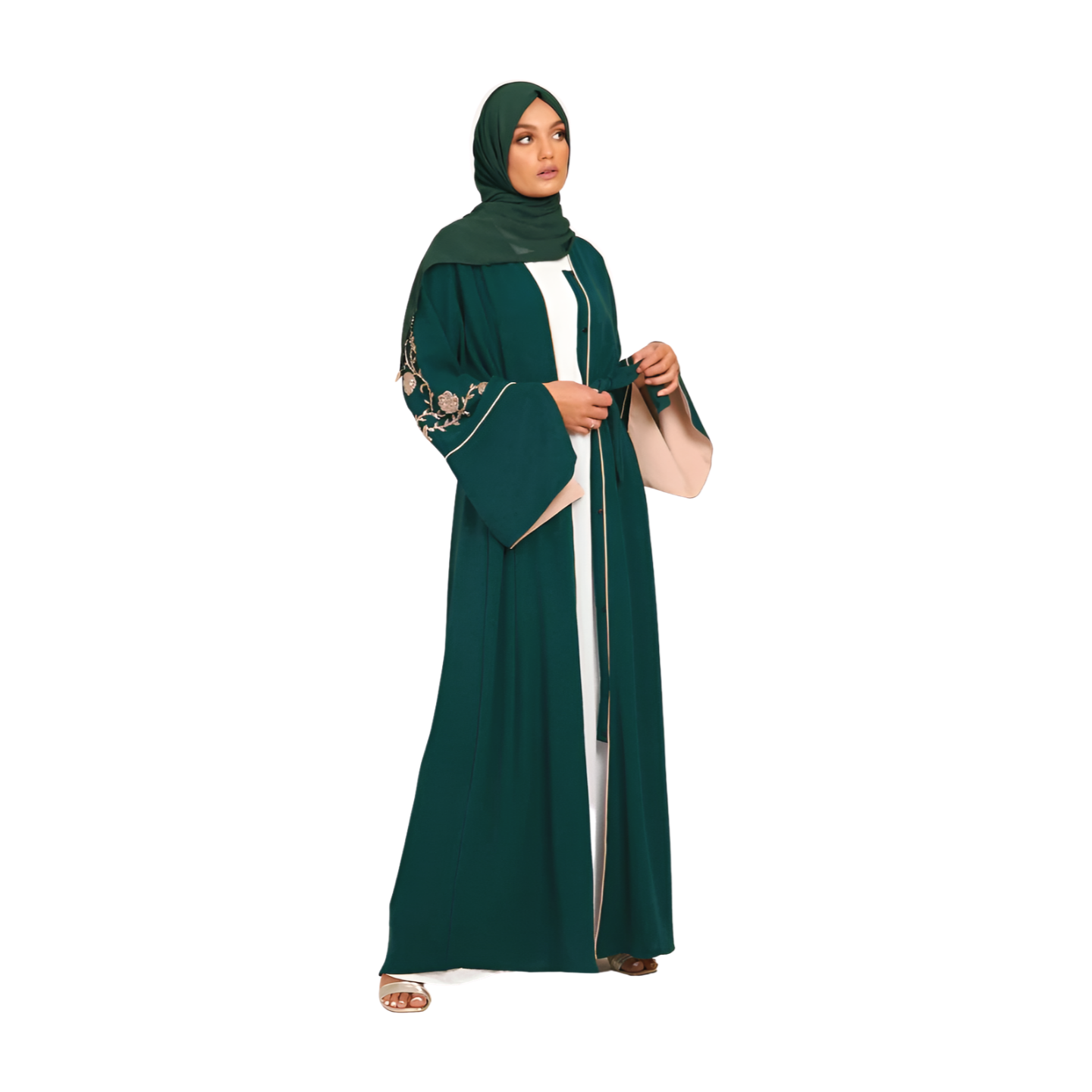 FLORAL EMBELLISHED CONTRAST CUFF OPEN ABAYA - EMERALD GREEN