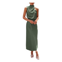 Women's 2024 Summer Satin Dress Elegant Sleeveless Mock Neck Cocktail Party Maxi Dresses