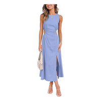 Womens Cutout Split Linen Cotton Sleeveless Slit Maxi Dress