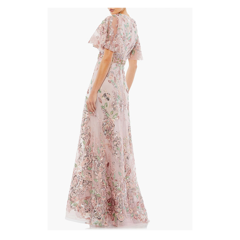 Sequin Floral Butterfly Sleeve A-Line Gown