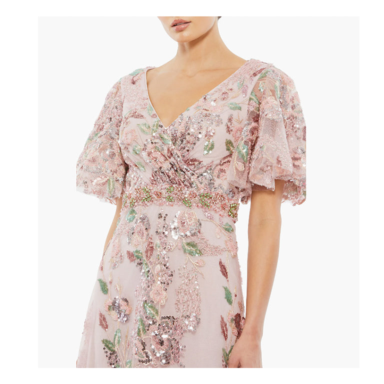 Sequin Floral Butterfly Sleeve A-Line Gown